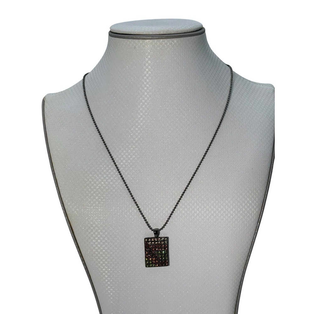 Vintage Signed GUESS Silver Tone Multicolor Rhinestone Square Pendant Necklace
